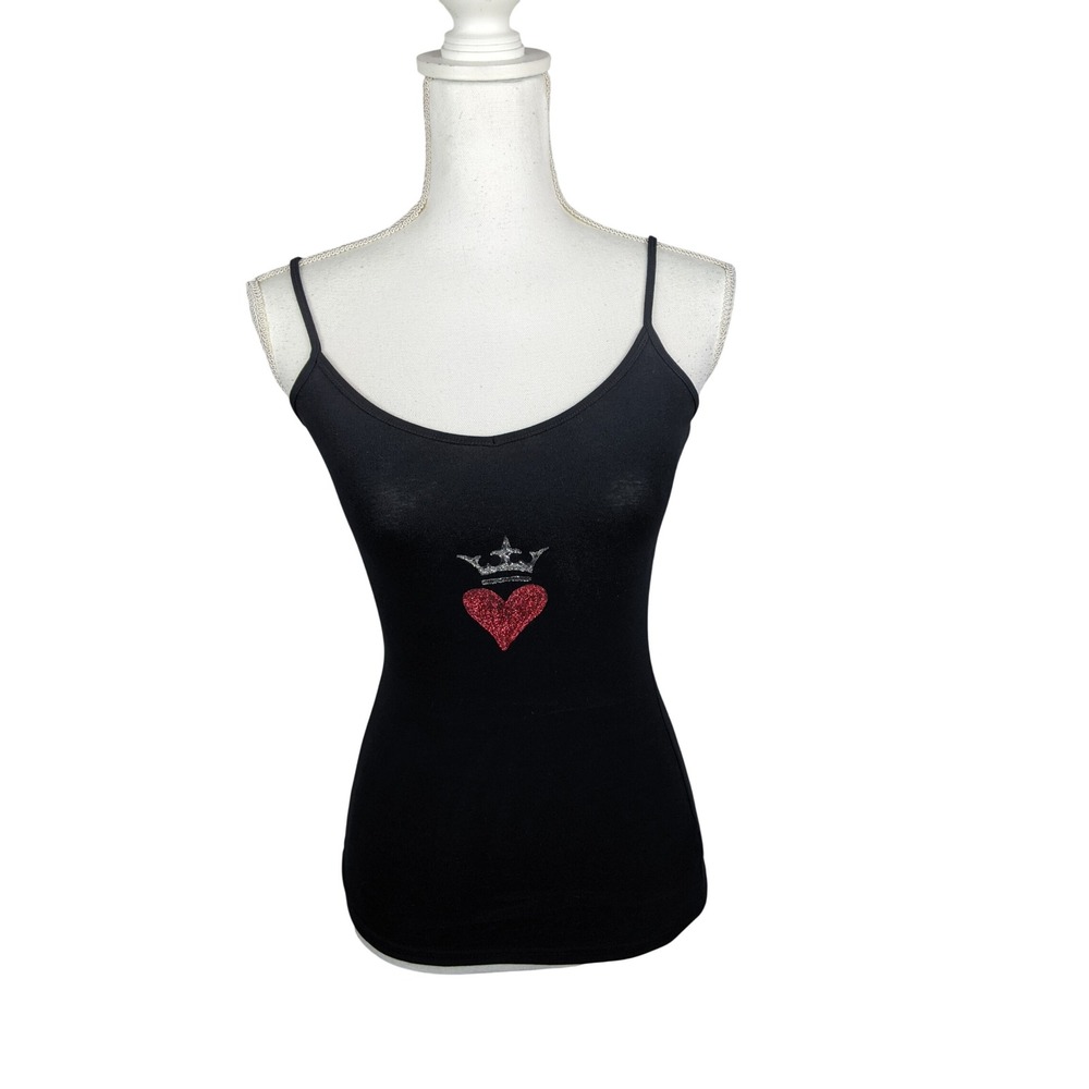 Fever 21 Y2K Black Cami Top Spaghetti Straps Glitter Crown Heart Small